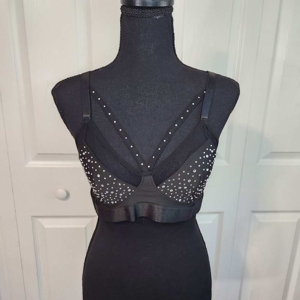 Black Rhinestone Cage Bralette Strappy Crystal Studded Bra Top Large Rave Goth